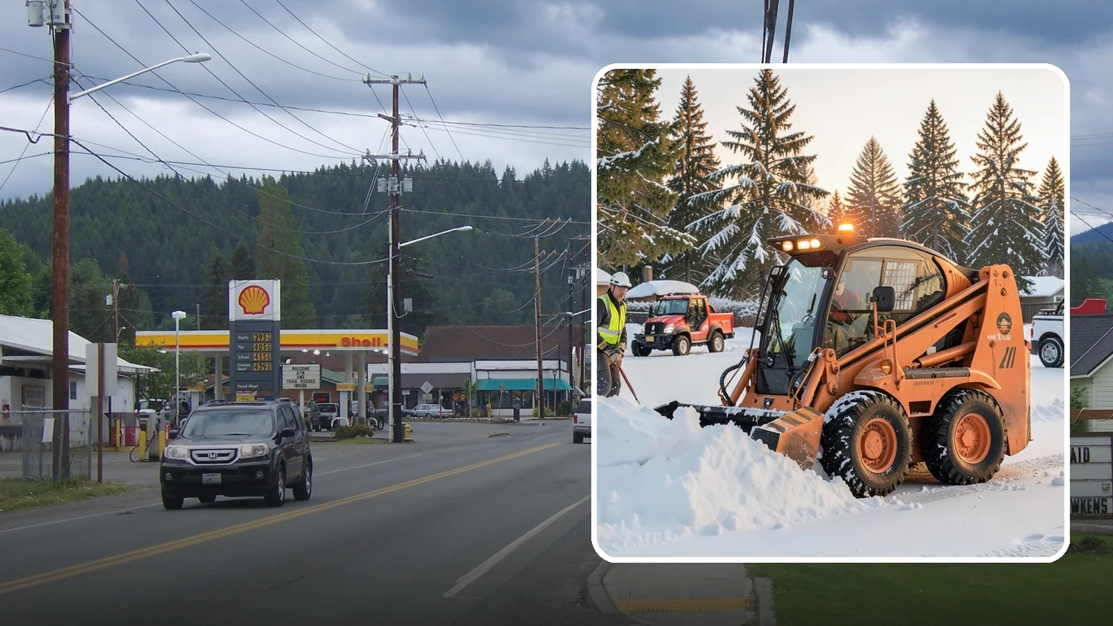 Skid Steer Snow Removal in Granite Falls, Snohomish County, WA - Our skid steers with pushers and buckets clear and stack snow efficiently on commercial lots and larger sites.