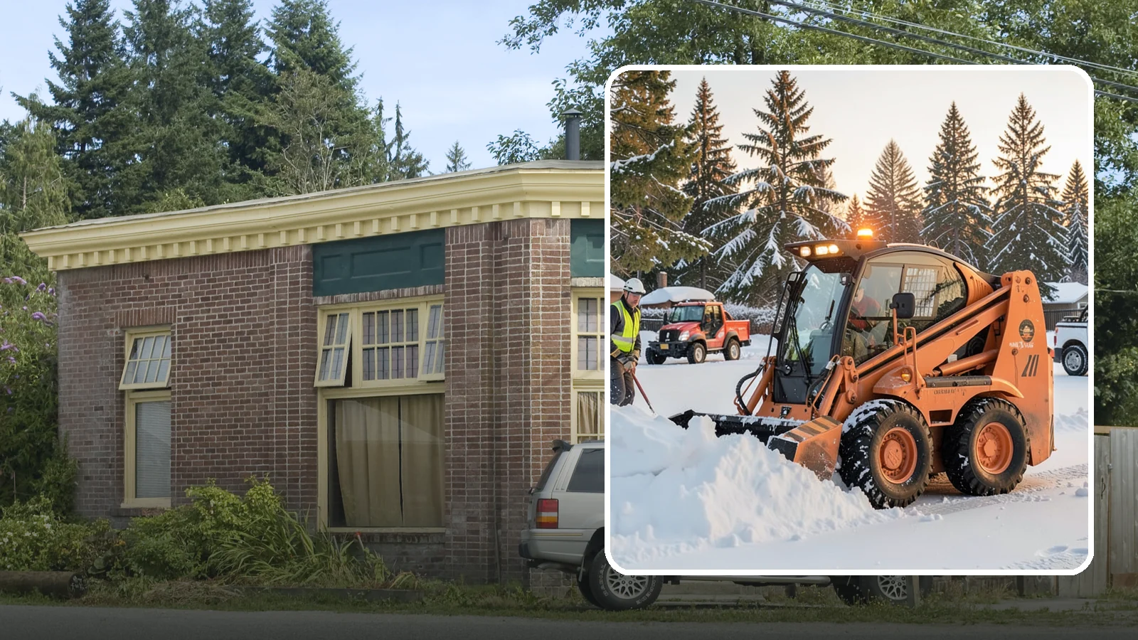 Skid Steer Snow Removal in Hamilton, Skagit County, WA - Our skid steers with pushers and buckets clear and stack snow efficiently on commercial lots and larger sites.