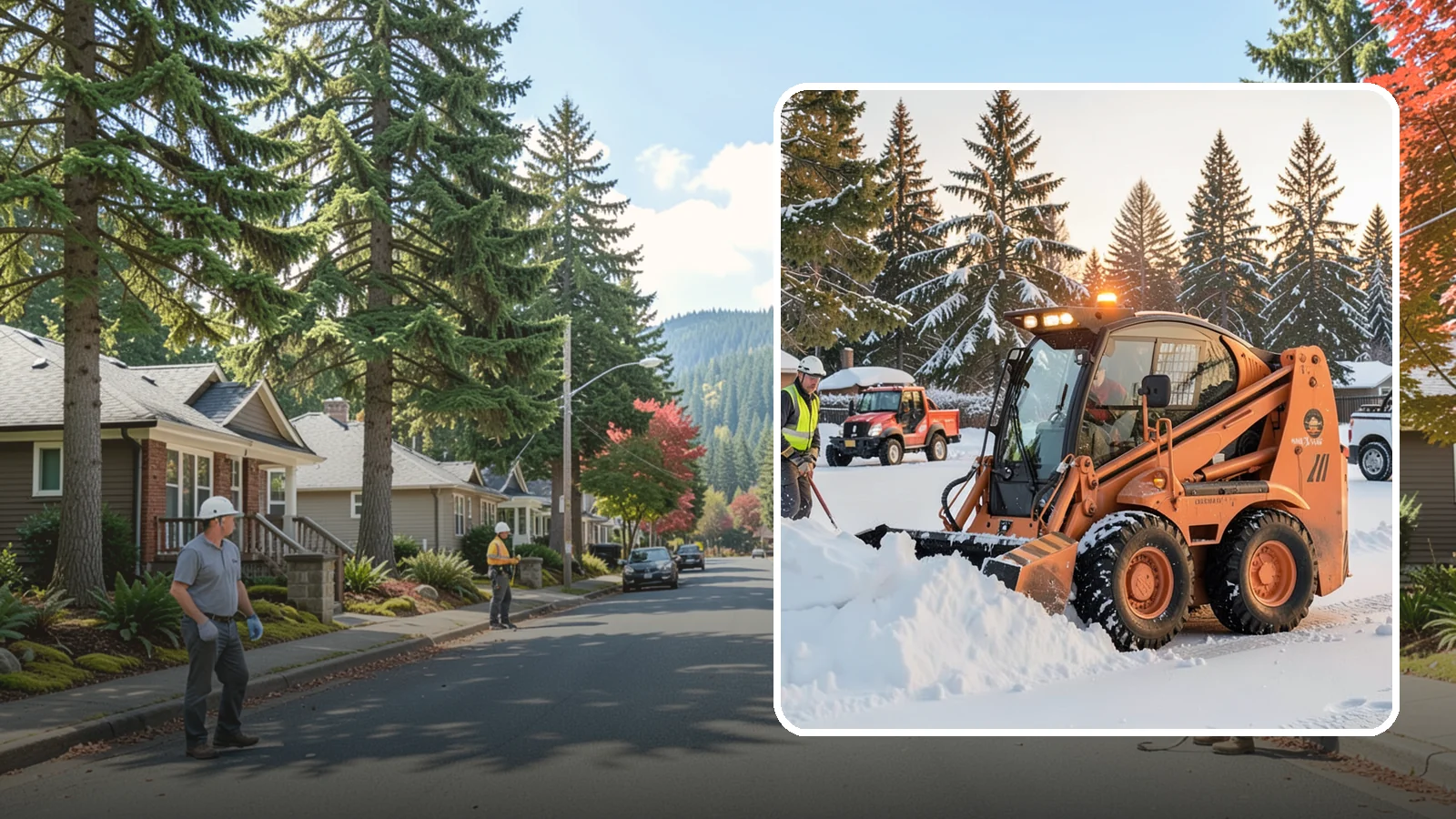 Skid Steer Snow Removal in Hunts Point, King County, WA - Our skid steers with pushers and buckets clear and stack snow efficiently on commercial lots and larger sites.