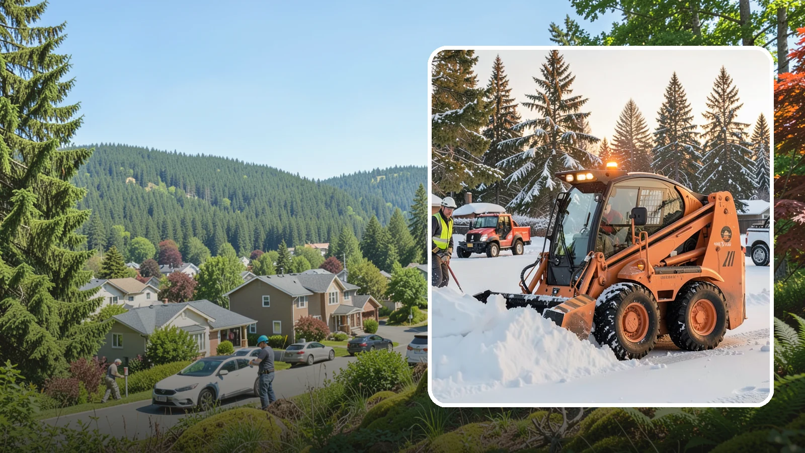 Skid Steer Snow Removal in Index, Snohomish County, WA - Our skid steers with pushers and buckets clear and stack snow efficiently on commercial lots and larger sites.