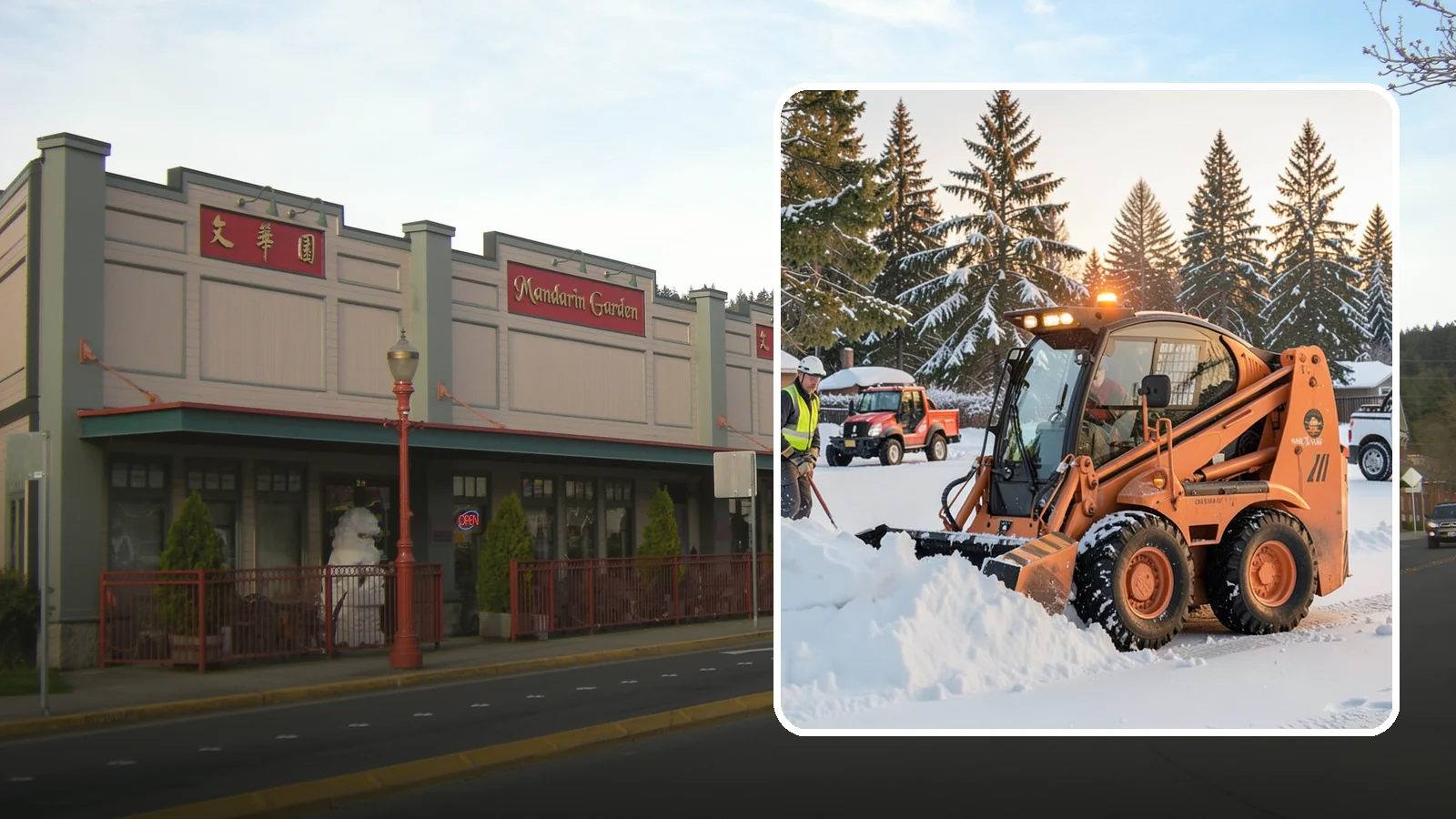 Skid Steer Snow Removal in Issaquah, King County, WA - Our skid steers with pushers and buckets clear and stack snow efficiently on commercial lots and larger sites.