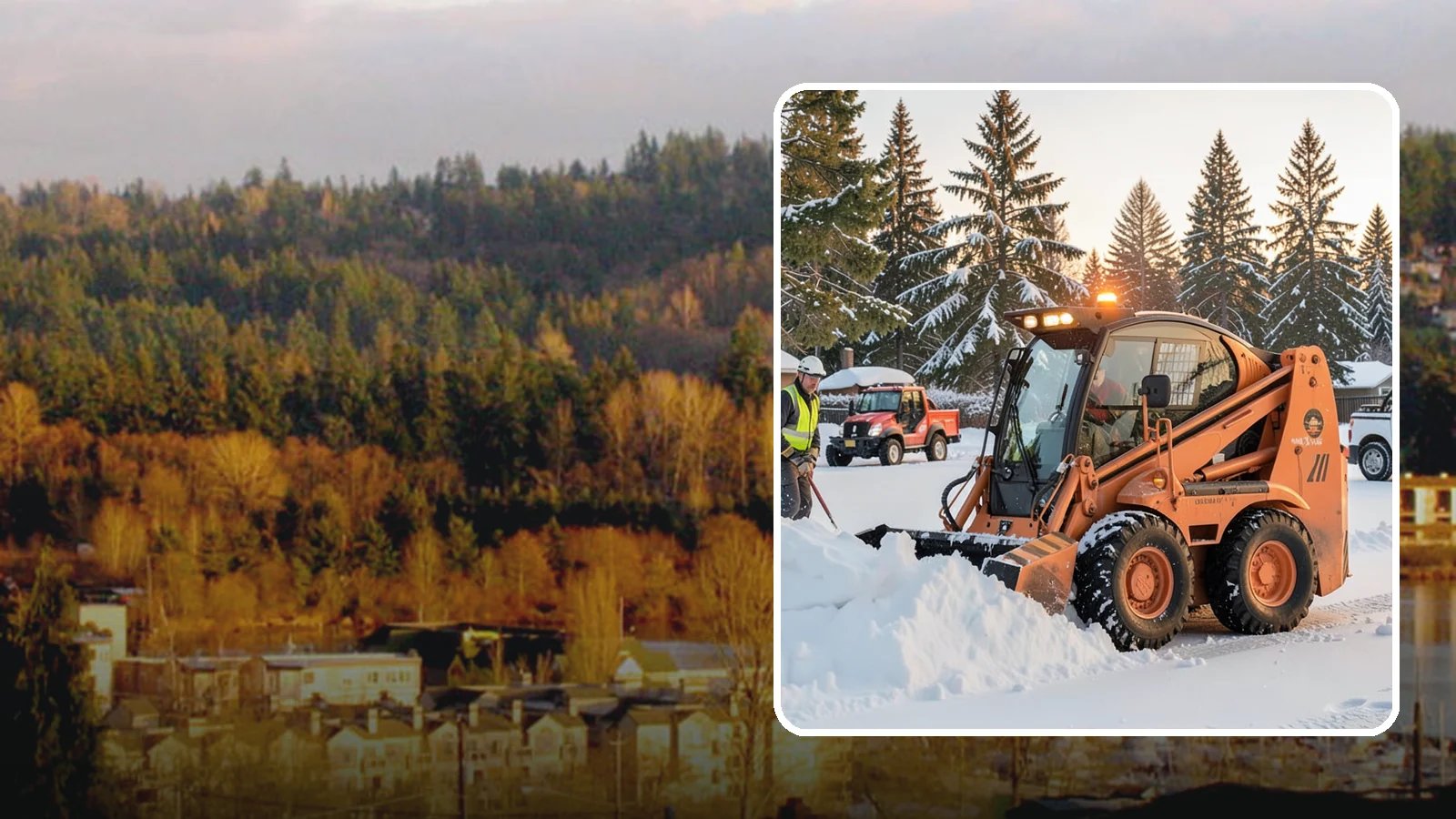 Skid Steer Snow Removal in Kenmore, King County, WA - Our skid steers with pushers and buckets clear and stack snow efficiently on commercial lots and larger sites.