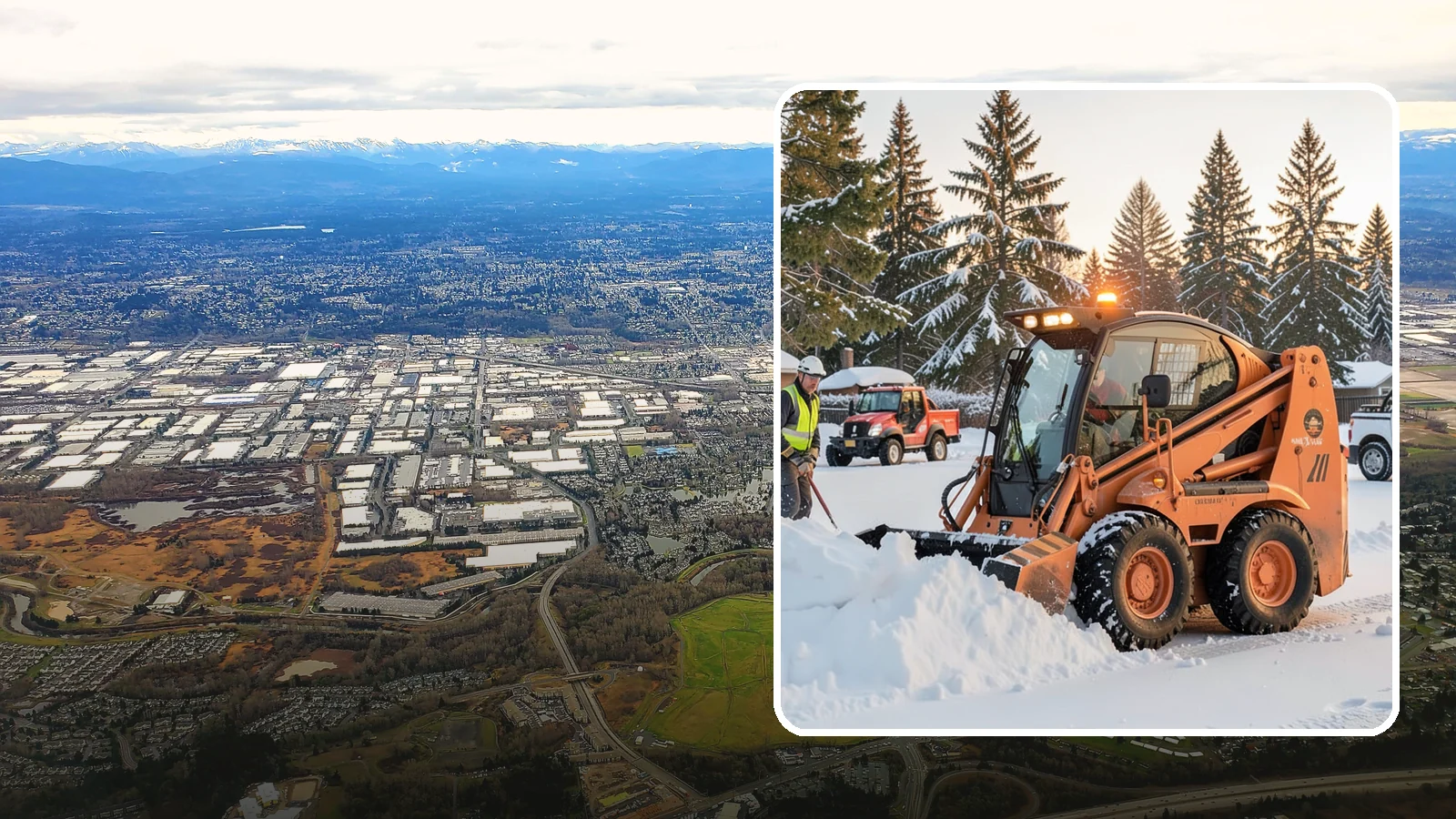Skid Steer Snow Removal in Kent, King County, WA - Our skid steers with pushers and buckets clear and stack snow efficiently on commercial lots and larger sites.