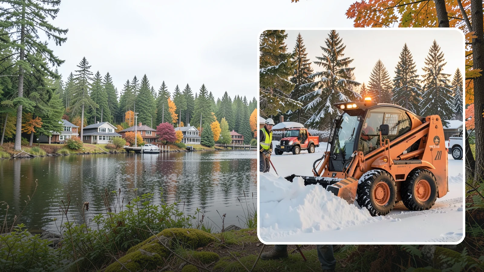 Skid Steer Snow Removal in La Conner, Skagit County, WA - Our skid steers with pushers and buckets clear and stack snow efficiently on commercial lots and larger sites.