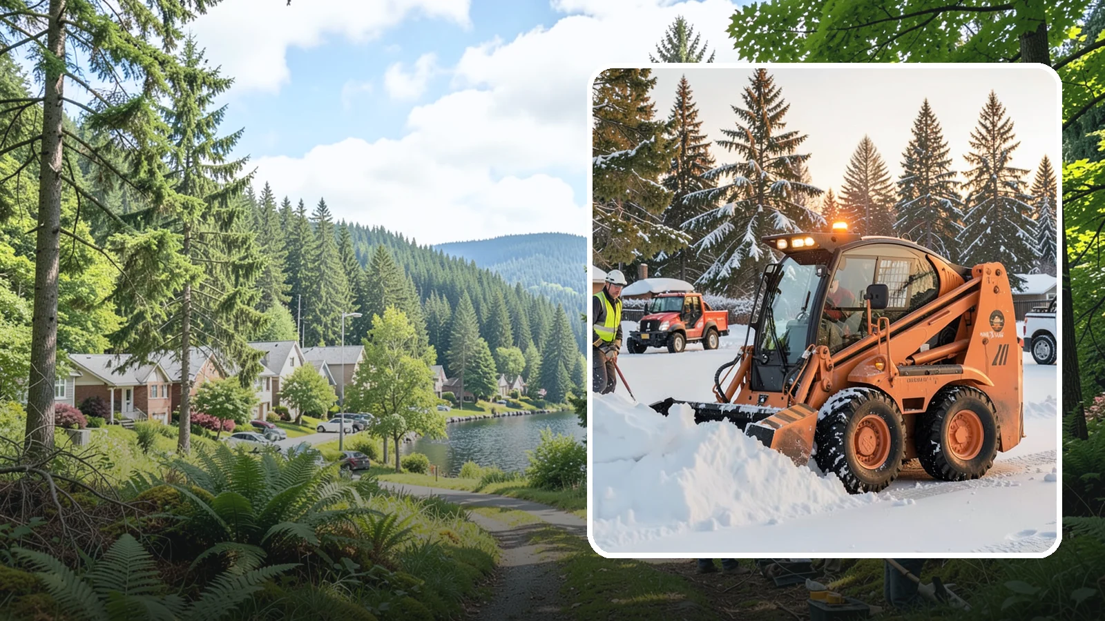 Skid Steer Snow Removal in Lake Forest Park, King County, WA - Our skid steers with pushers and buckets clear and stack snow efficiently on commercial lots and larger sites.
