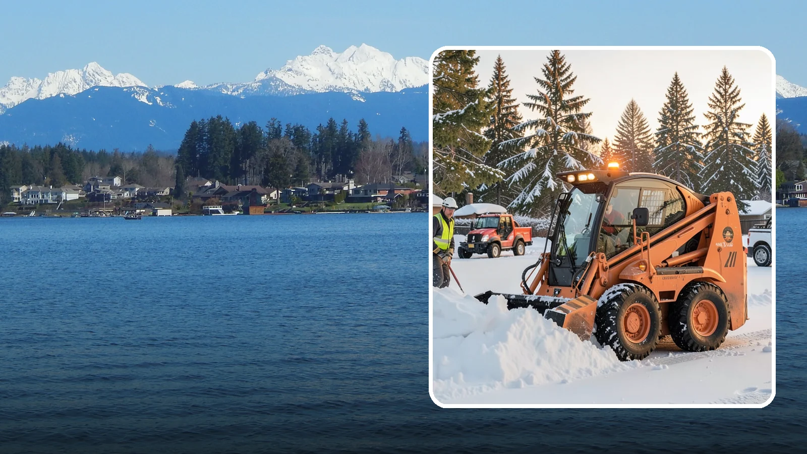 Skid Steer Snow Removal in Lake Stevens, Snohomish County, WA - Our skid steers with pushers and buckets clear and stack snow efficiently on commercial lots and larger sites.