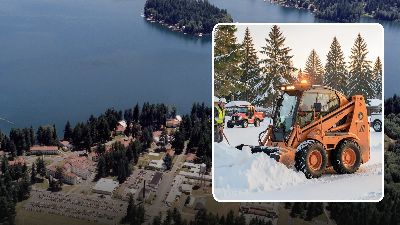 Skid Steer Snow Removal in Lakewood, Pierce County, WA - Our skid steers with pushers and buckets clear and stack snow efficiently on commercial lots and larger sites.