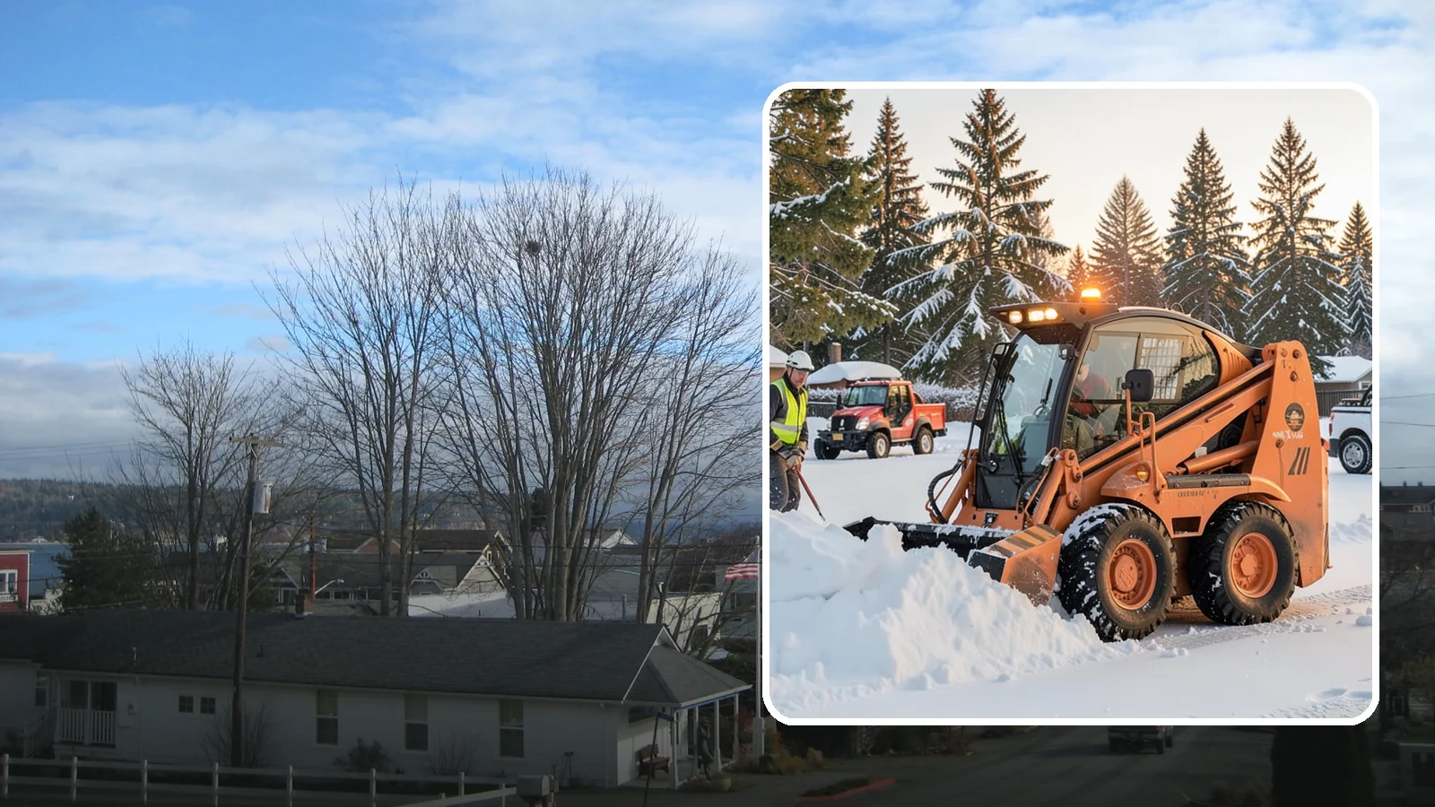 Skid Steer Snow Removal in Langley, Island County, WA - Our skid steers with pushers and buckets clear and stack snow efficiently on commercial lots and larger sites.
