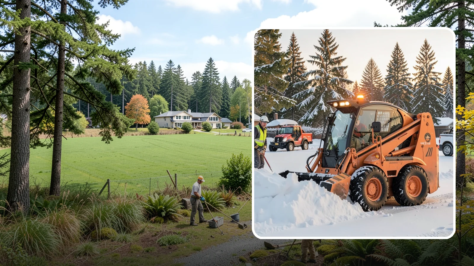Skid Steer Snow Removal in Lyman, Skagit County, WA - Our skid steers with pushers and buckets clear and stack snow efficiently on commercial lots and larger sites.