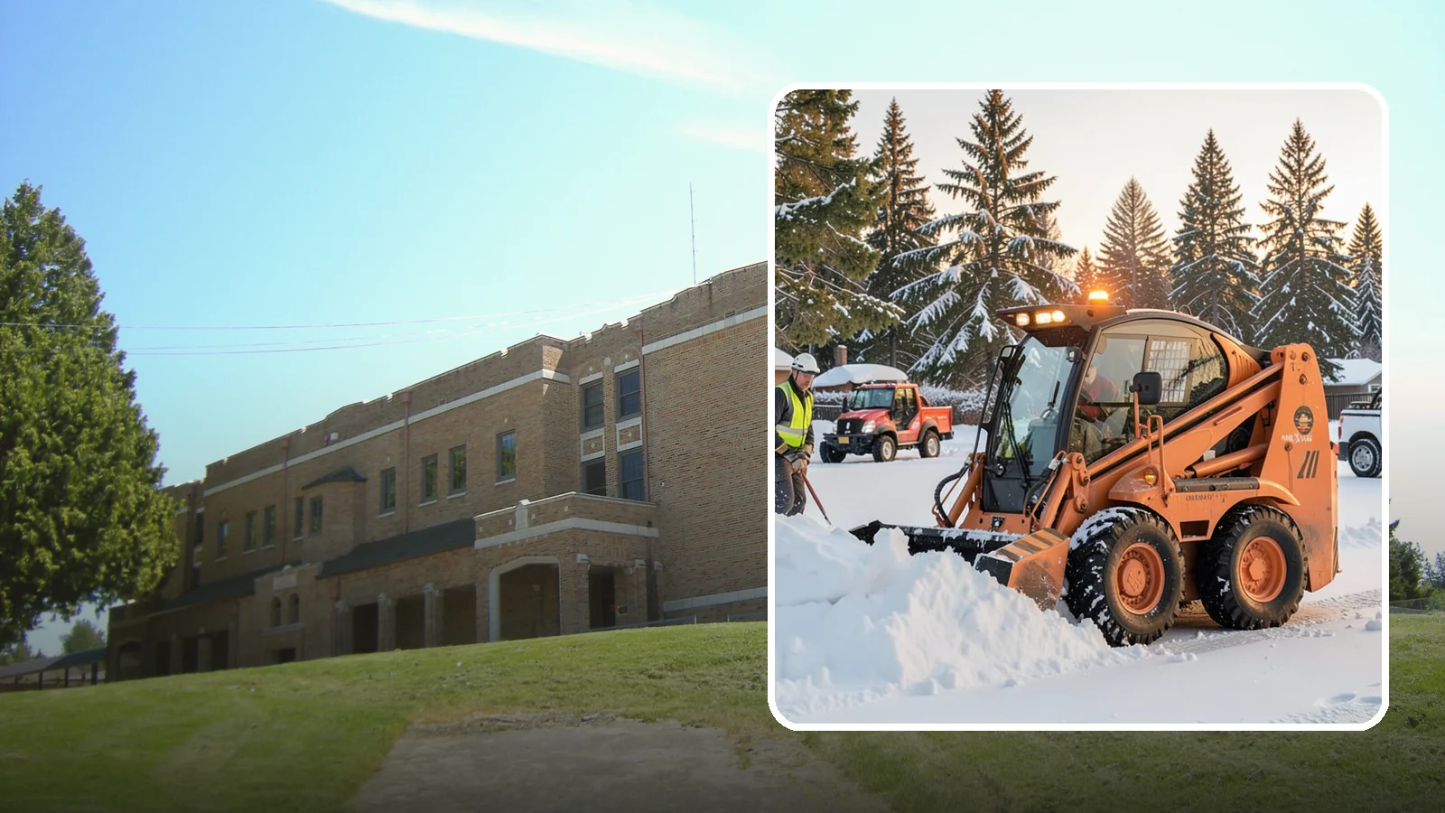 Skid Steer Snow Removal in Maple Valley, King County, WA - Our skid steers with pushers and buckets clear and stack snow efficiently on commercial lots and larger sites.
