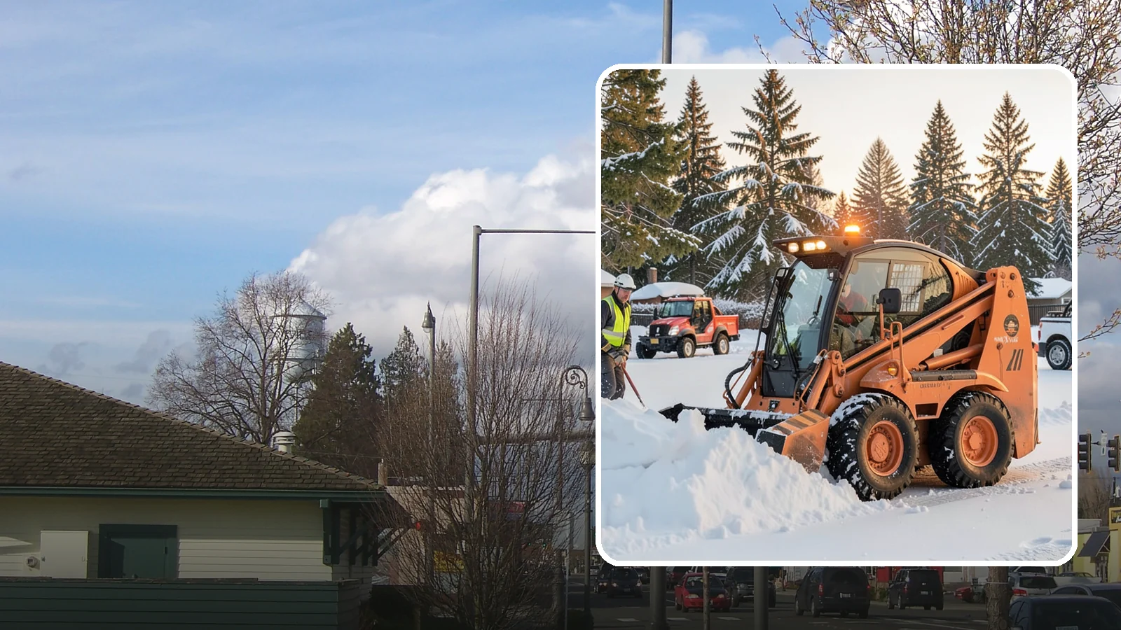 Skid Steer Snow Removal in Marysville, Snohomish County, WA - Our skid steers with pushers and buckets clear and stack snow efficiently on commercial lots and larger sites.