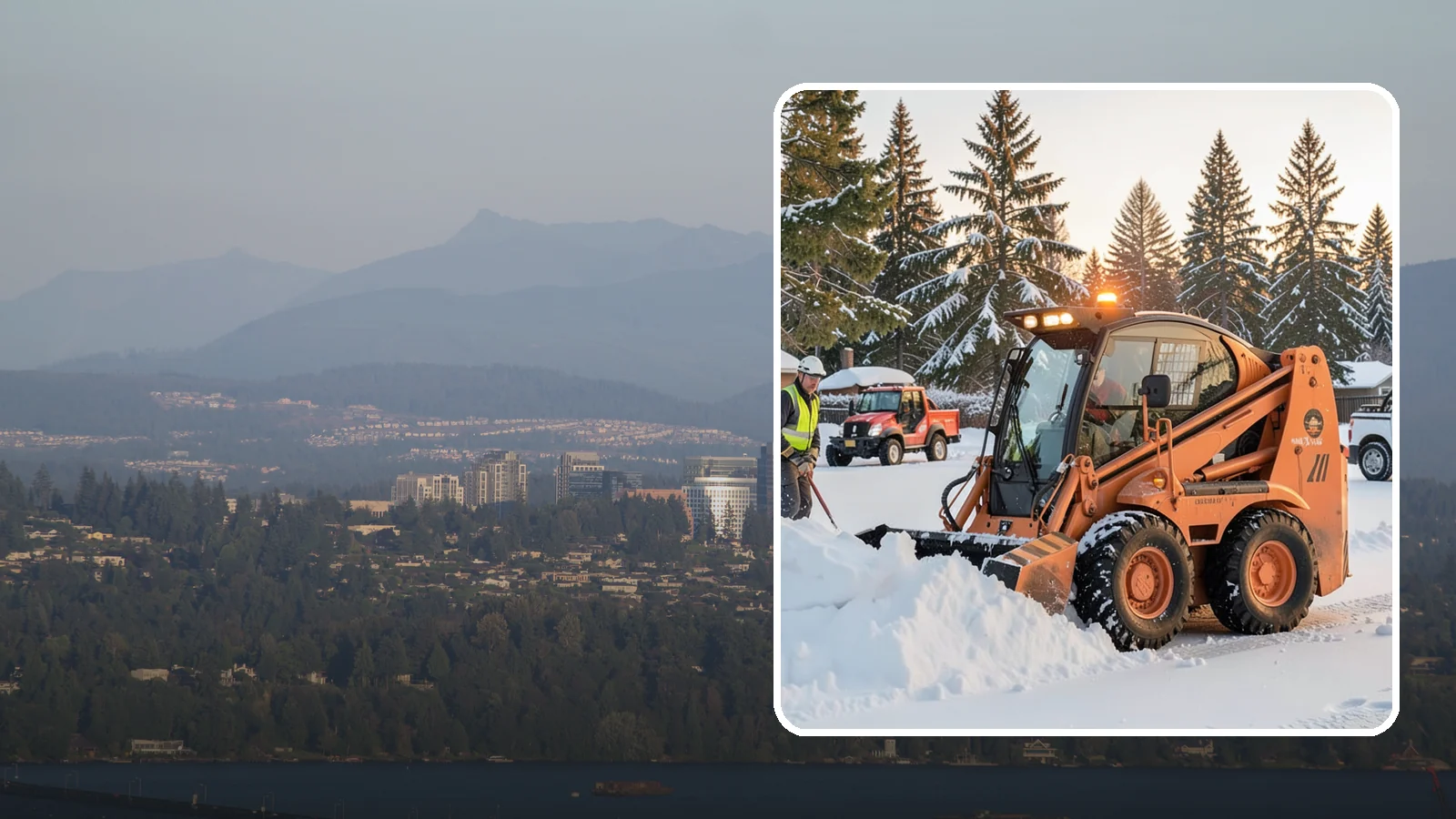 Skid Steer Snow Removal in Medina, King County, WA - Our skid steers with pushers and buckets clear and stack snow efficiently on commercial lots and larger sites.