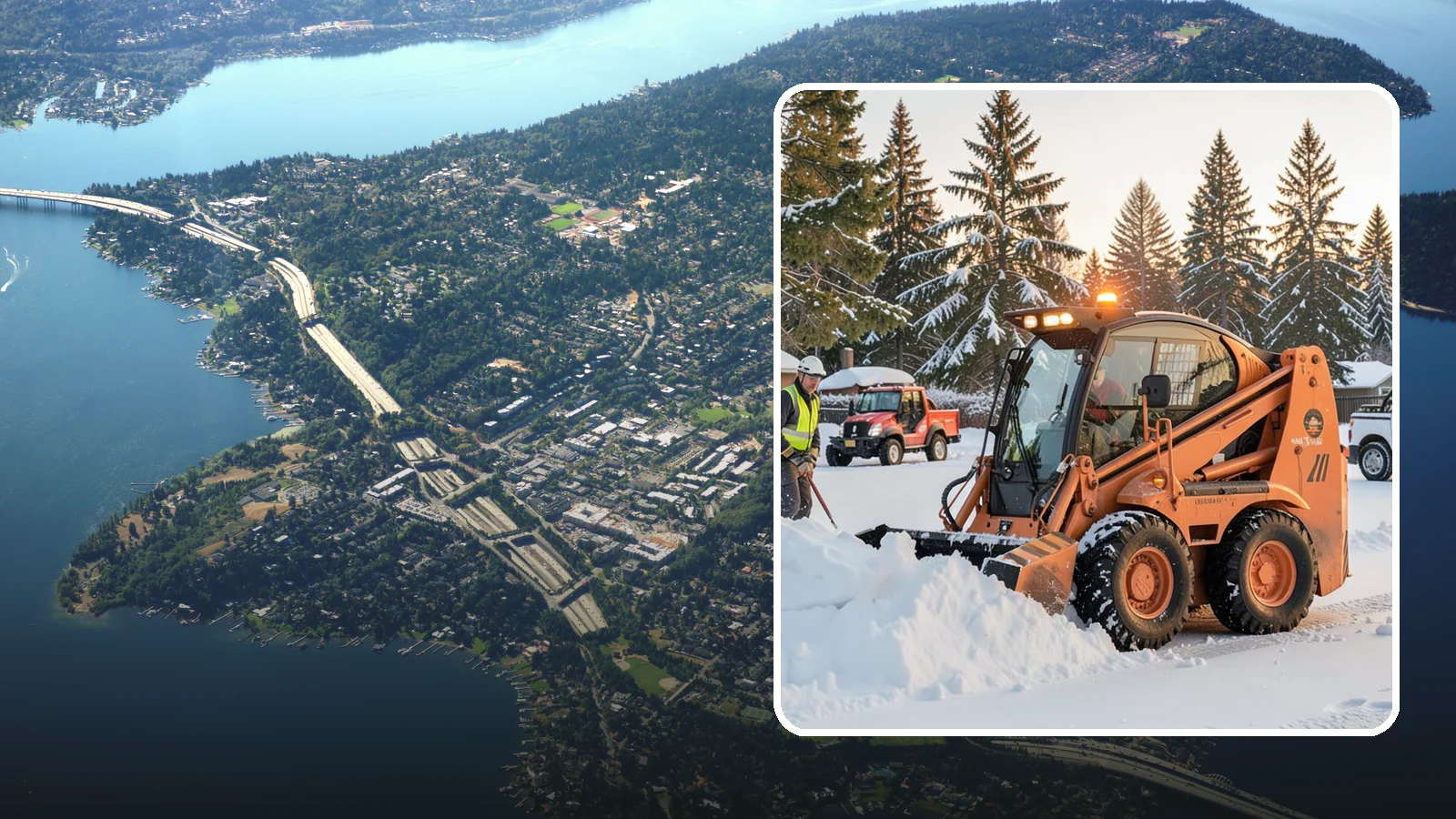 Skid Steer Snow Removal in Mercer Island, King County, WA - Our skid steers with pushers and buckets clear and stack snow efficiently on commercial lots and larger sites.