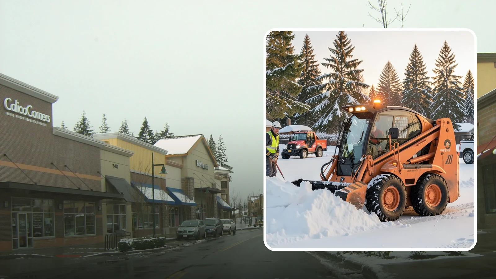 Skid Steer Snow Removal in Mill Creek, Snohomish County, WA - Our skid steers with pushers and buckets clear and stack snow efficiently on commercial lots and larger sites.