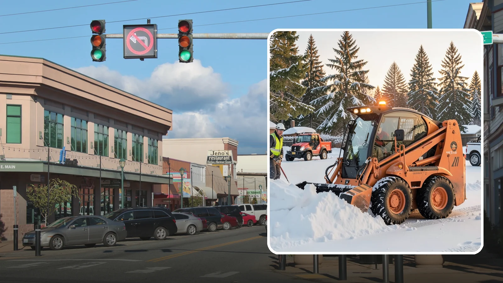 Skid Steer Snow Removal in Monroe, Snohomish County, WA - Our skid steers with pushers and buckets clear and stack snow efficiently on commercial lots and larger sites.