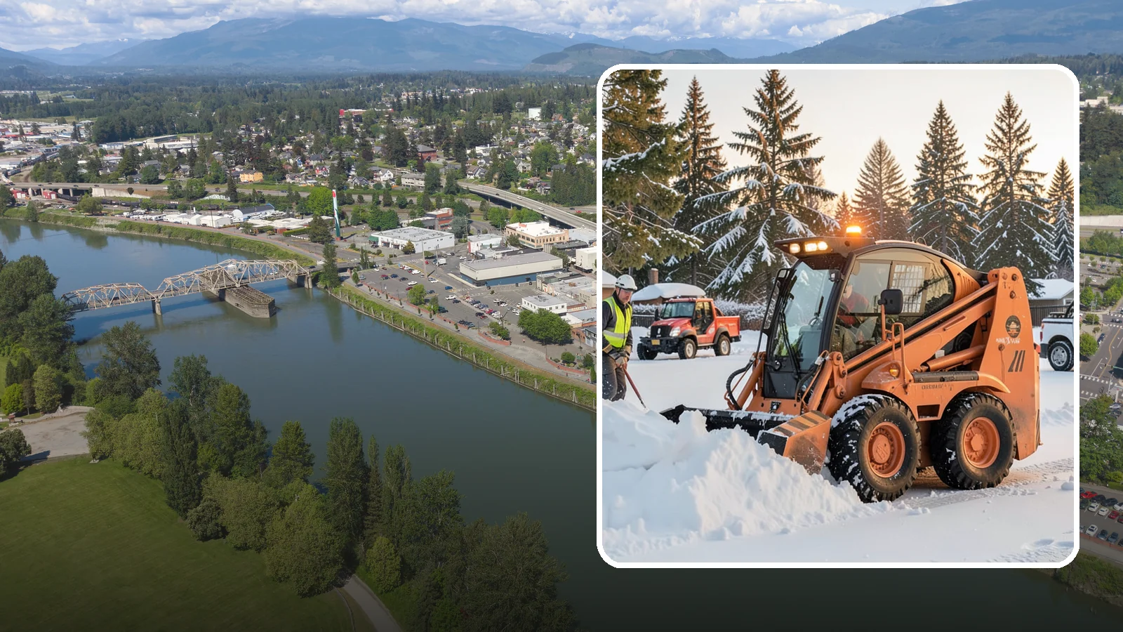 Skid Steer Snow Removal in Mount Vernon, Skagit County, WA - Our skid steers with pushers and buckets clear and stack snow efficiently on commercial lots and larger sites.