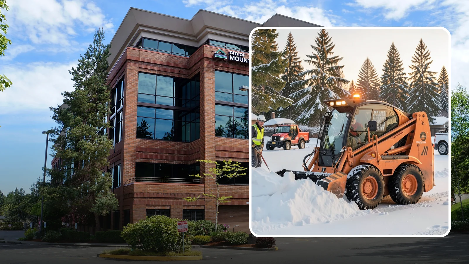 Skid Steer Snow Removal in Mountlake Terrace, Snohomish County, WA - Our skid steers with pushers and buckets clear and stack snow efficiently on commercial lots and larger sites.