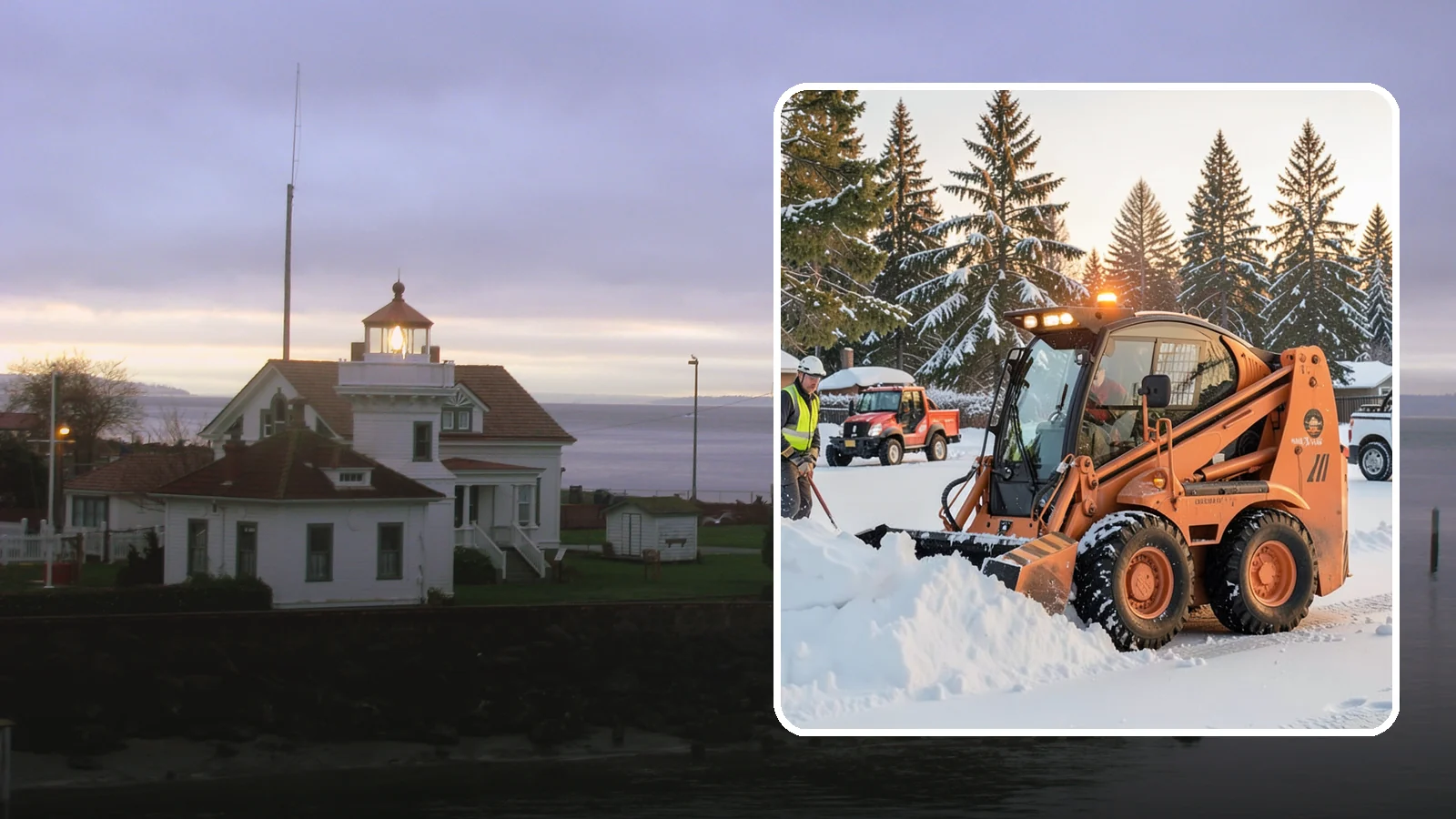 Skid Steer Snow Removal in Mukilteo, Snohomish County, WA - Our skid steers with pushers and buckets clear and stack snow efficiently on commercial lots and larger sites.
