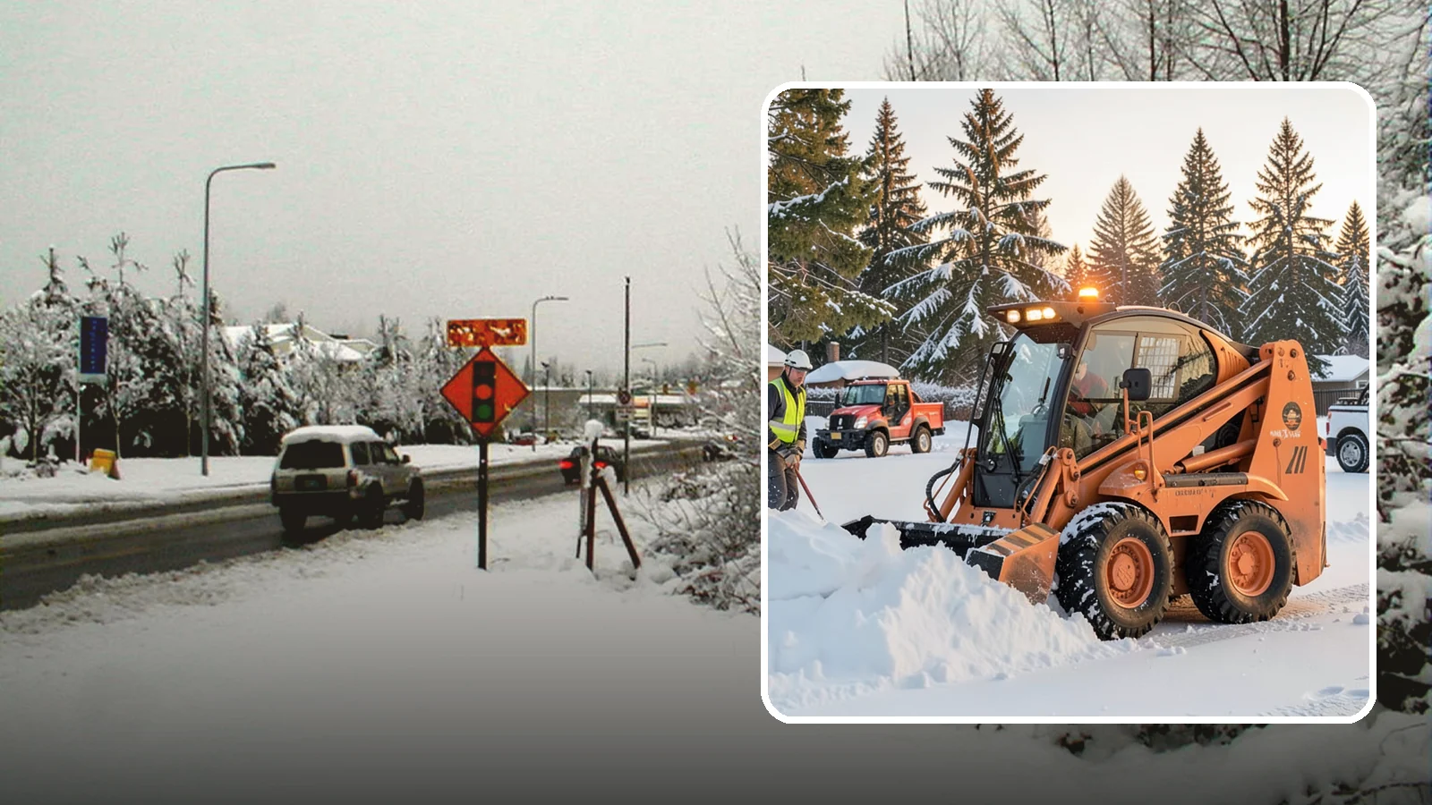 Skid Steer Snow Removal in Newcastle, King County, WA - Our skid steers with pushers and buckets clear and stack snow efficiently on commercial lots and larger sites.
