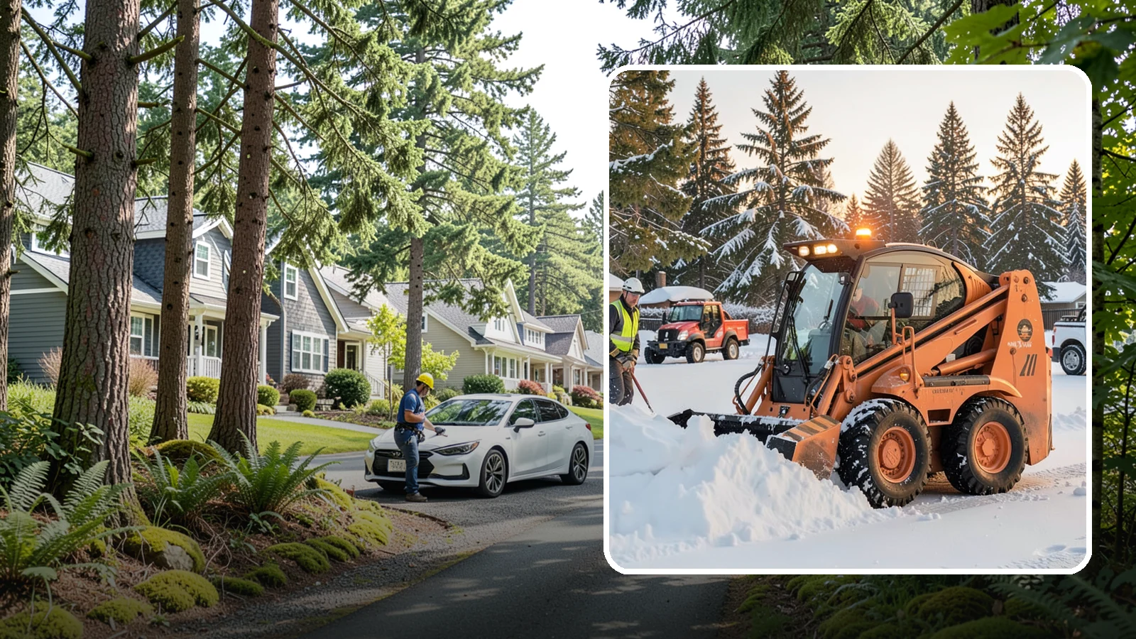 Skid Steer Snow Removal in Normandy Park, King County, WA - Our skid steers with pushers and buckets clear and stack snow efficiently on commercial lots and larger sites.