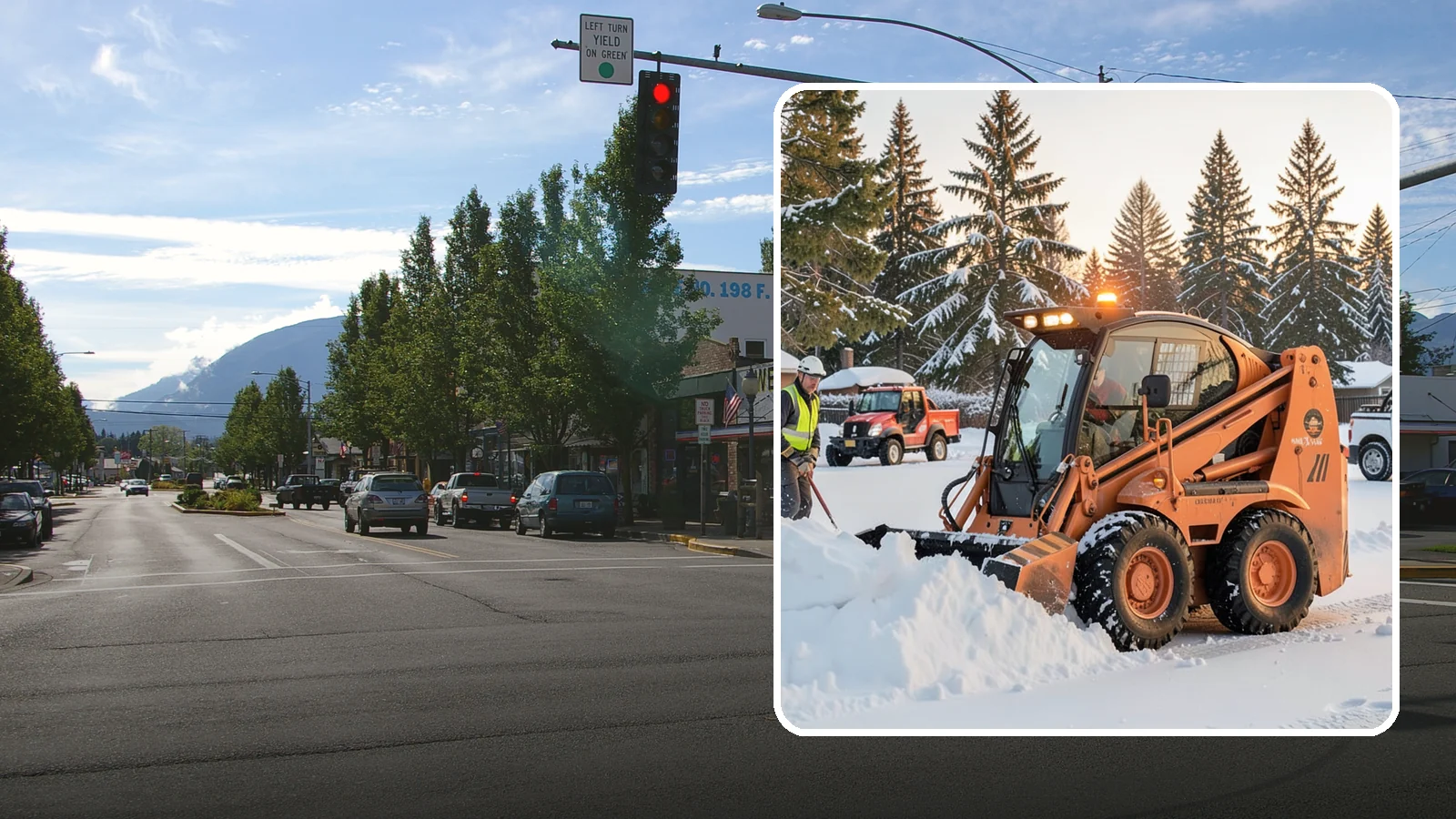Skid Steer Snow Removal in North Bend, King County, WA - Our skid steers with pushers and buckets clear and stack snow efficiently on commercial lots and larger sites.
