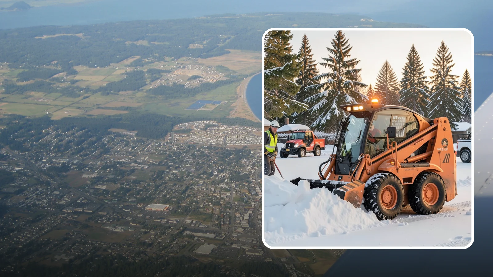 Skid Steer Snow Removal in Oak Harbor, Island County, WA - Our skid steers with pushers and buckets clear and stack snow efficiently on commercial lots and larger sites.