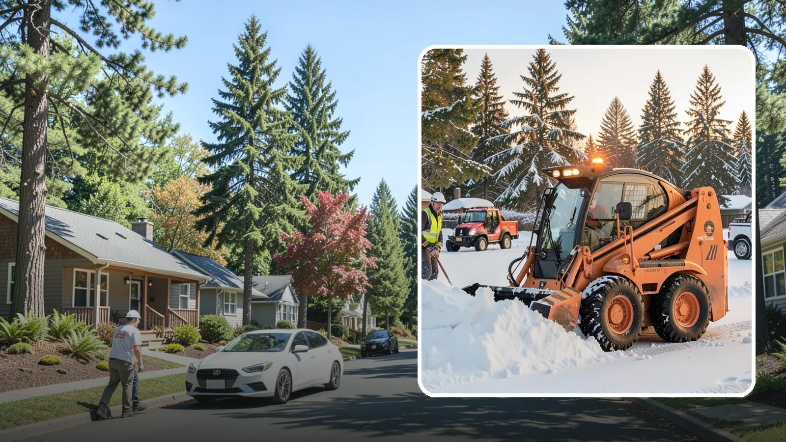 Skid Steer Snow Removal in Orting, Pierce County, WA - Our skid steers with pushers and buckets clear and stack snow efficiently on commercial lots and larger sites.