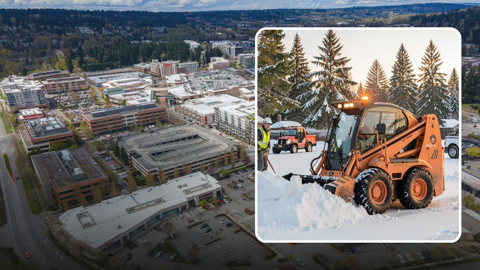 Skid Steer Snow Removal in Redmond, King County, WA - Our skid steers with pushers and buckets clear and stack snow efficiently on commercial lots and larger sites.