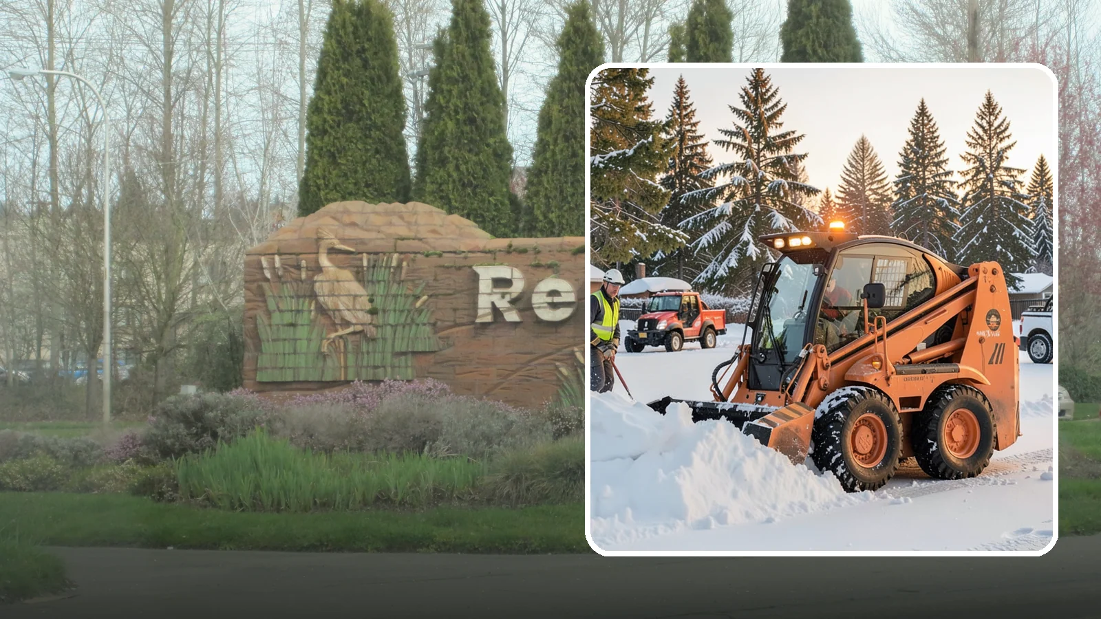 Skid Steer Snow Removal in Renton, King County, WA - Our skid steers with pushers and buckets clear and stack snow efficiently on commercial lots and larger sites.