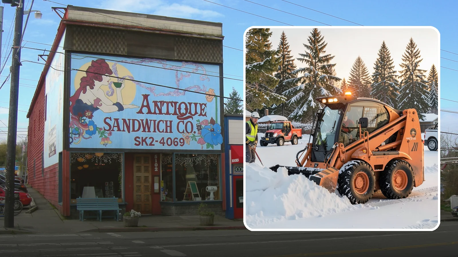 Skid Steer Snow Removal in Ruston, Pierce County, WA - Our skid steers with pushers and buckets clear and stack snow efficiently on commercial lots and larger sites.