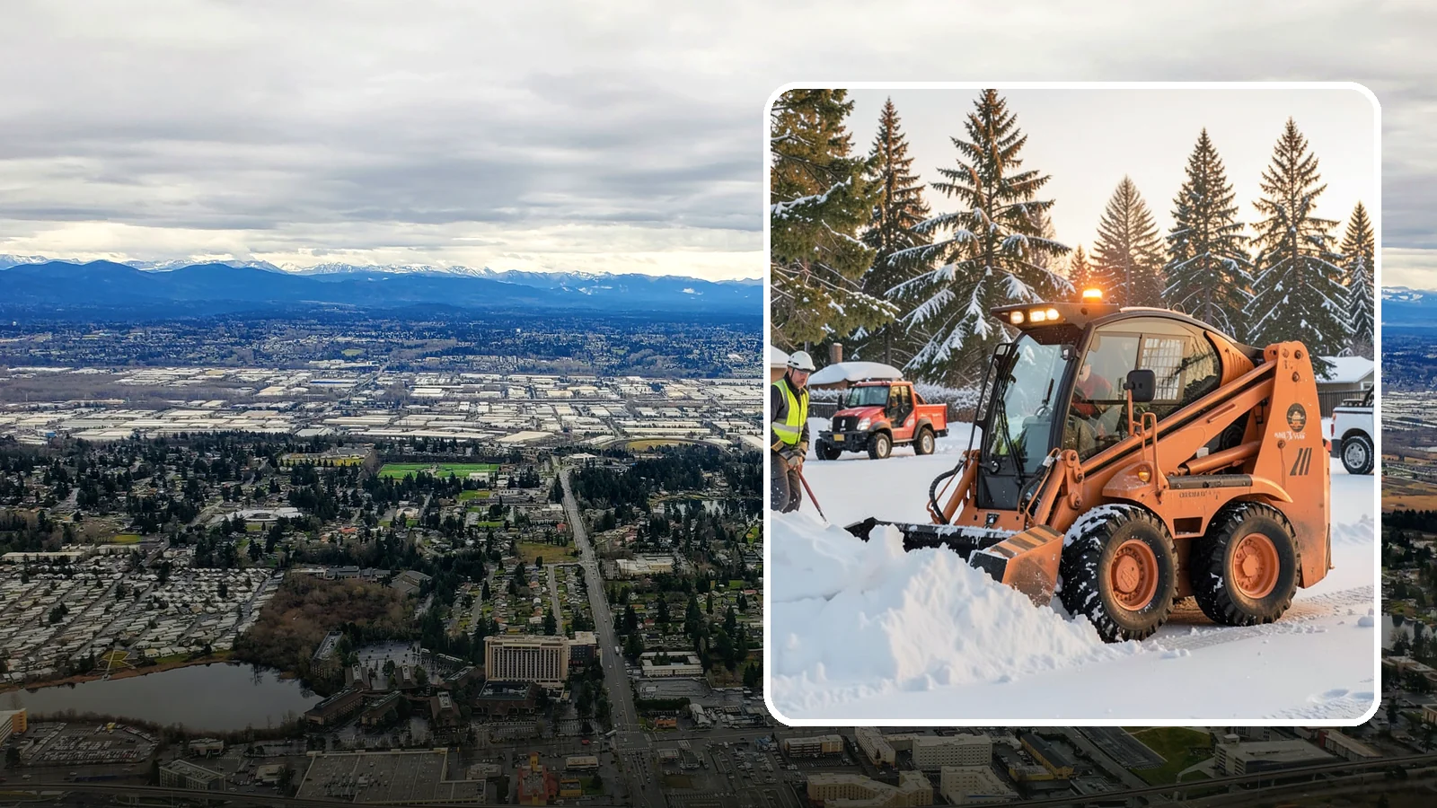 Skid Steer Snow Removal in SeaTac, King County, WA - Our skid steers with pushers and buckets clear and stack snow efficiently on commercial lots and larger sites.