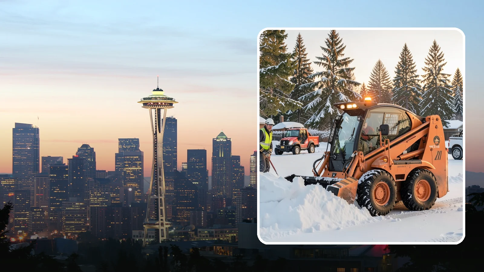 Skid Steer Snow Removal in Seattle, King County, WA - Our skid steers with pushers and buckets clear and stack snow efficiently on commercial lots and larger sites.