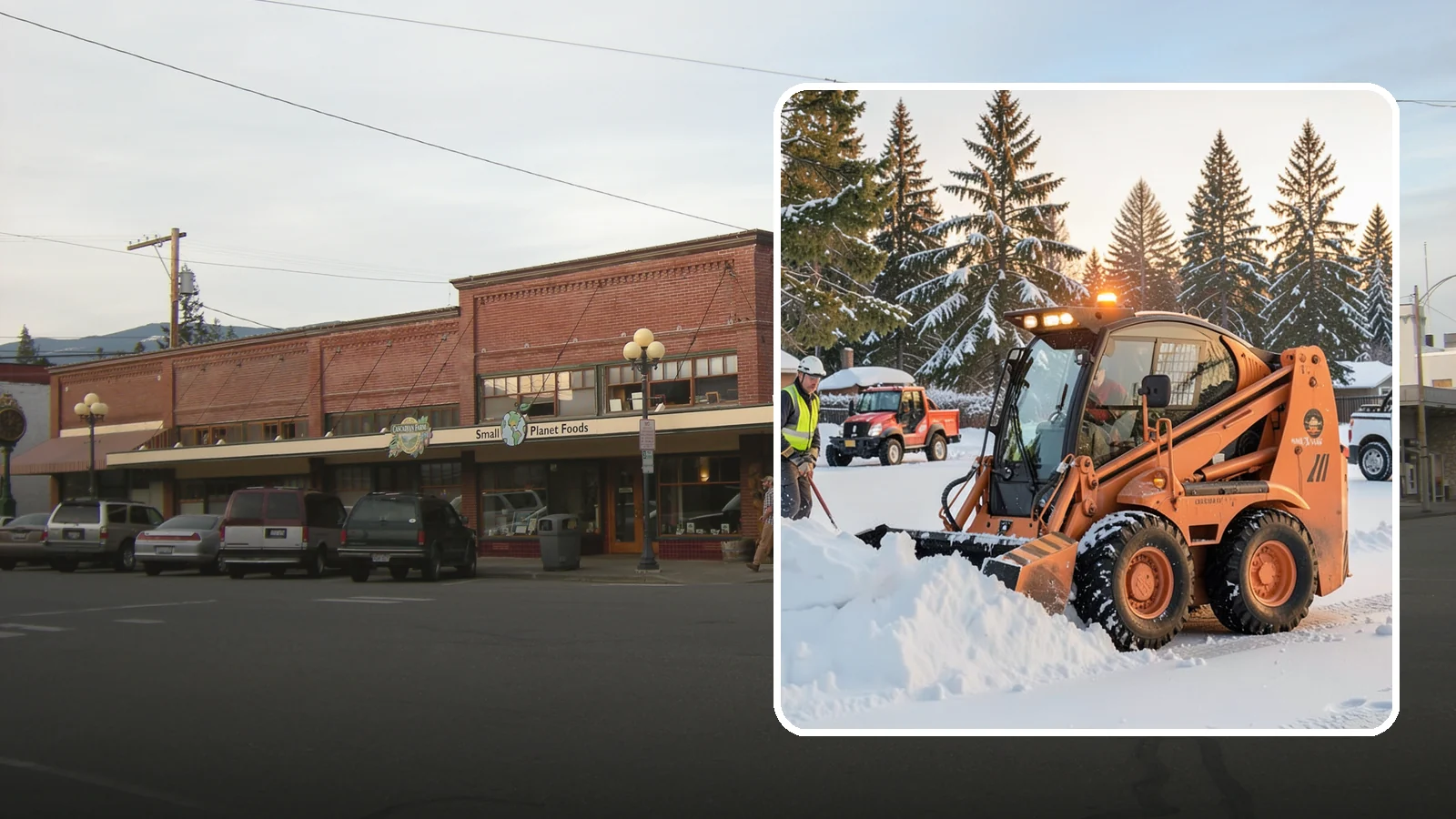 Skid Steer Snow Removal in Sedro-Woolley, Skagit County, WA - Our skid steers with pushers and buckets clear and stack snow efficiently on commercial lots and larger sites.