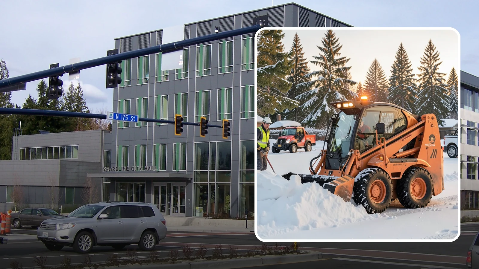 Skid Steer Snow Removal in Shoreline, King County, WA - Our skid steers with pushers and buckets clear and stack snow efficiently on commercial lots and larger sites.