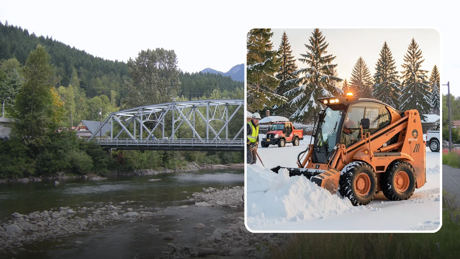 Skid Steer Snow Removal in Skykomish, King County, WA - Our skid steers with pushers and buckets clear and stack snow efficiently on commercial lots and larger sites.