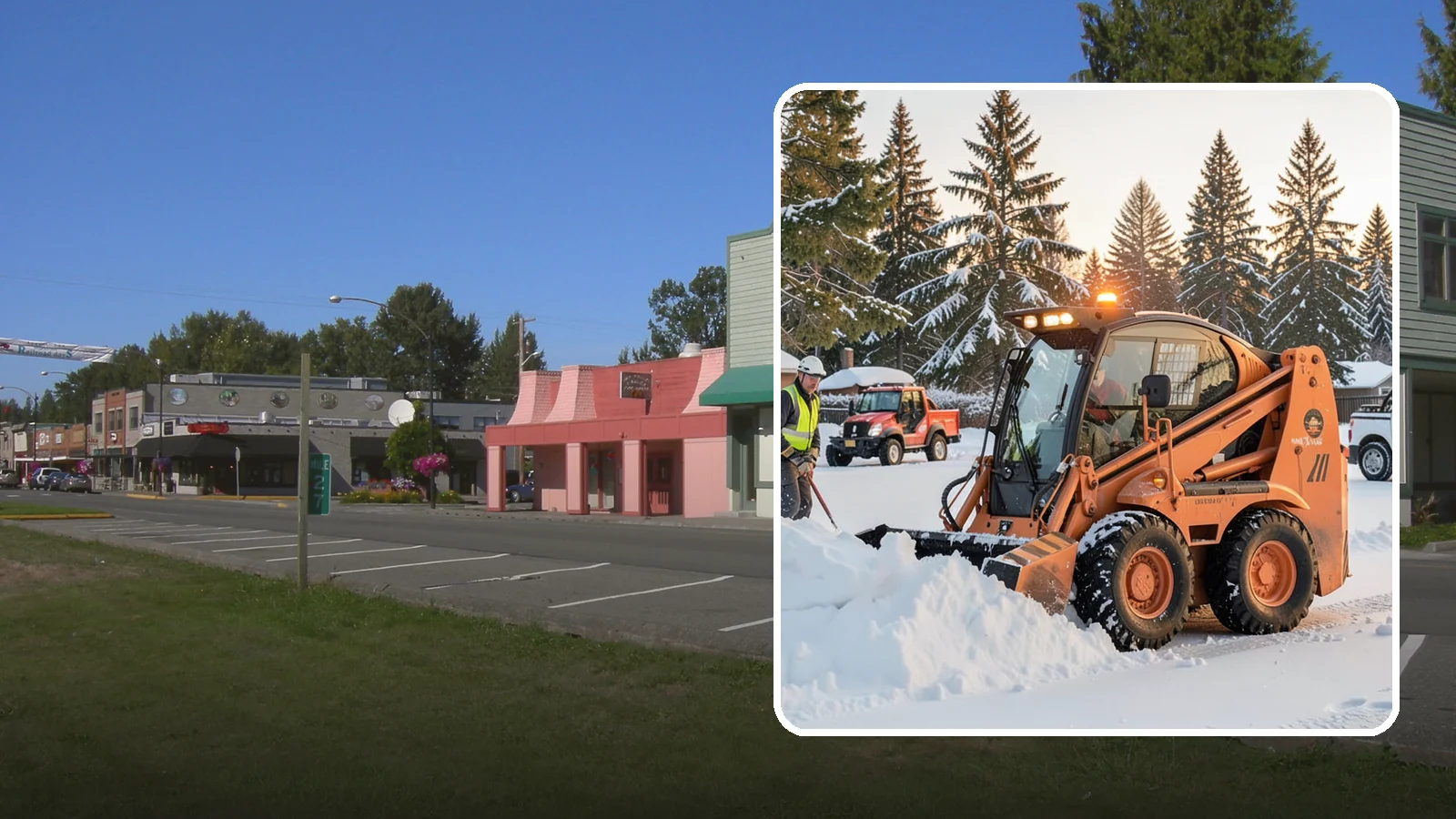 Skid Steer Snow Removal in Snoqualmie, King County, WA - Our skid steers with pushers and buckets clear and stack snow efficiently on commercial lots and larger sites.