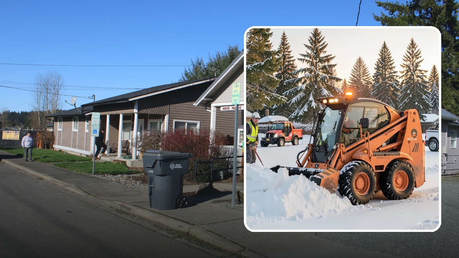 Skid Steer Snow Removal in South Prairie, Pierce County, WA - Our skid steers with pushers and buckets clear and stack snow efficiently on commercial lots and larger sites.