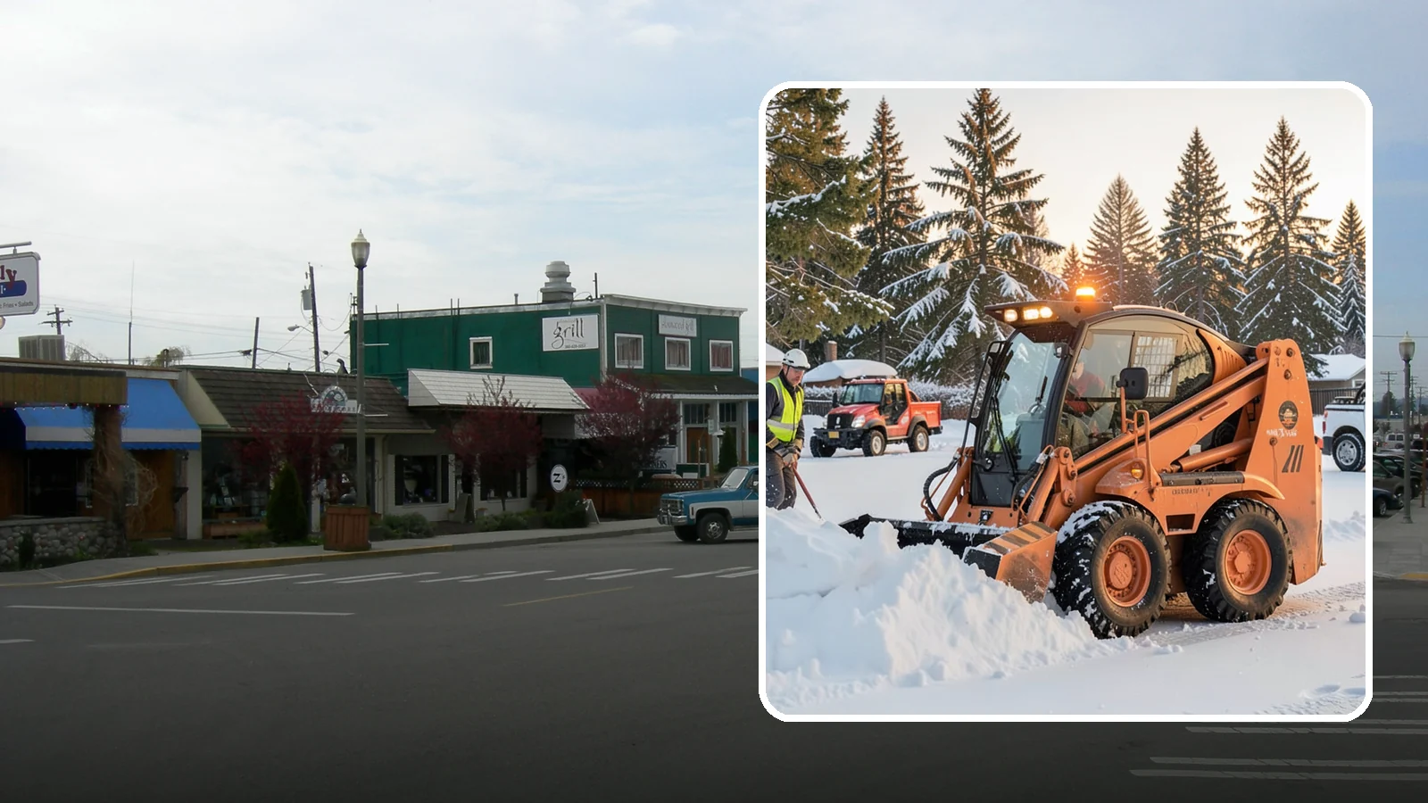 Skid Steer Snow Removal in Stanwood, Snohomish County, WA - Our skid steers with pushers and buckets clear and stack snow efficiently on commercial lots and larger sites.