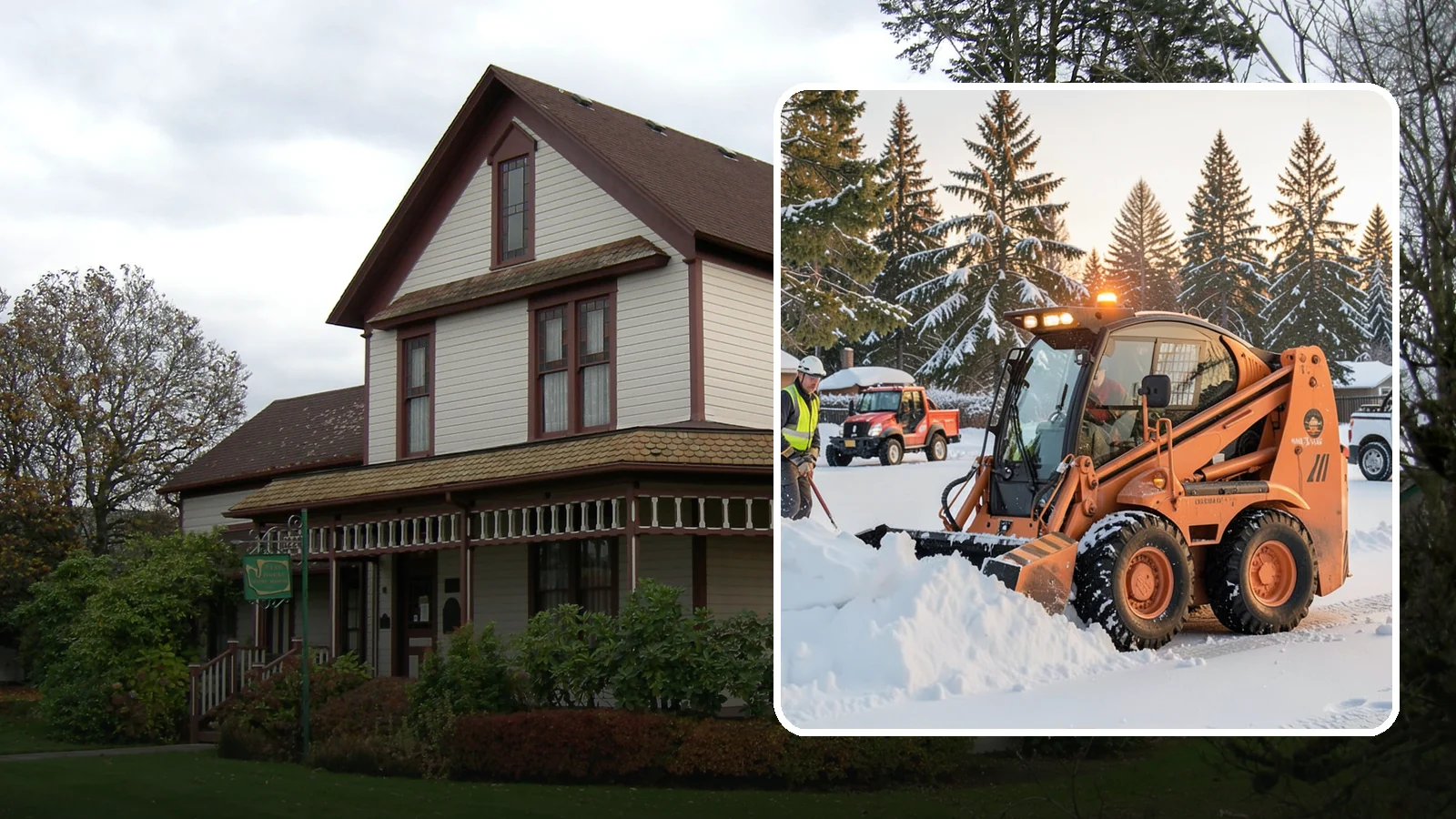 Skid Steer Snow Removal in Sumner, Pierce County, WA - Our skid steers with pushers and buckets clear and stack snow efficiently on commercial lots and larger sites.