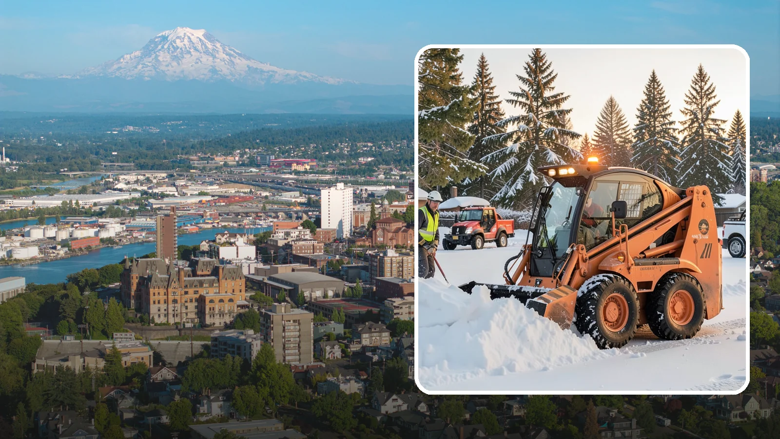 Skid Steer Snow Removal in Tacoma, Pierce County, WA - Our skid steers with pushers and buckets clear and stack snow efficiently on commercial lots and larger sites.