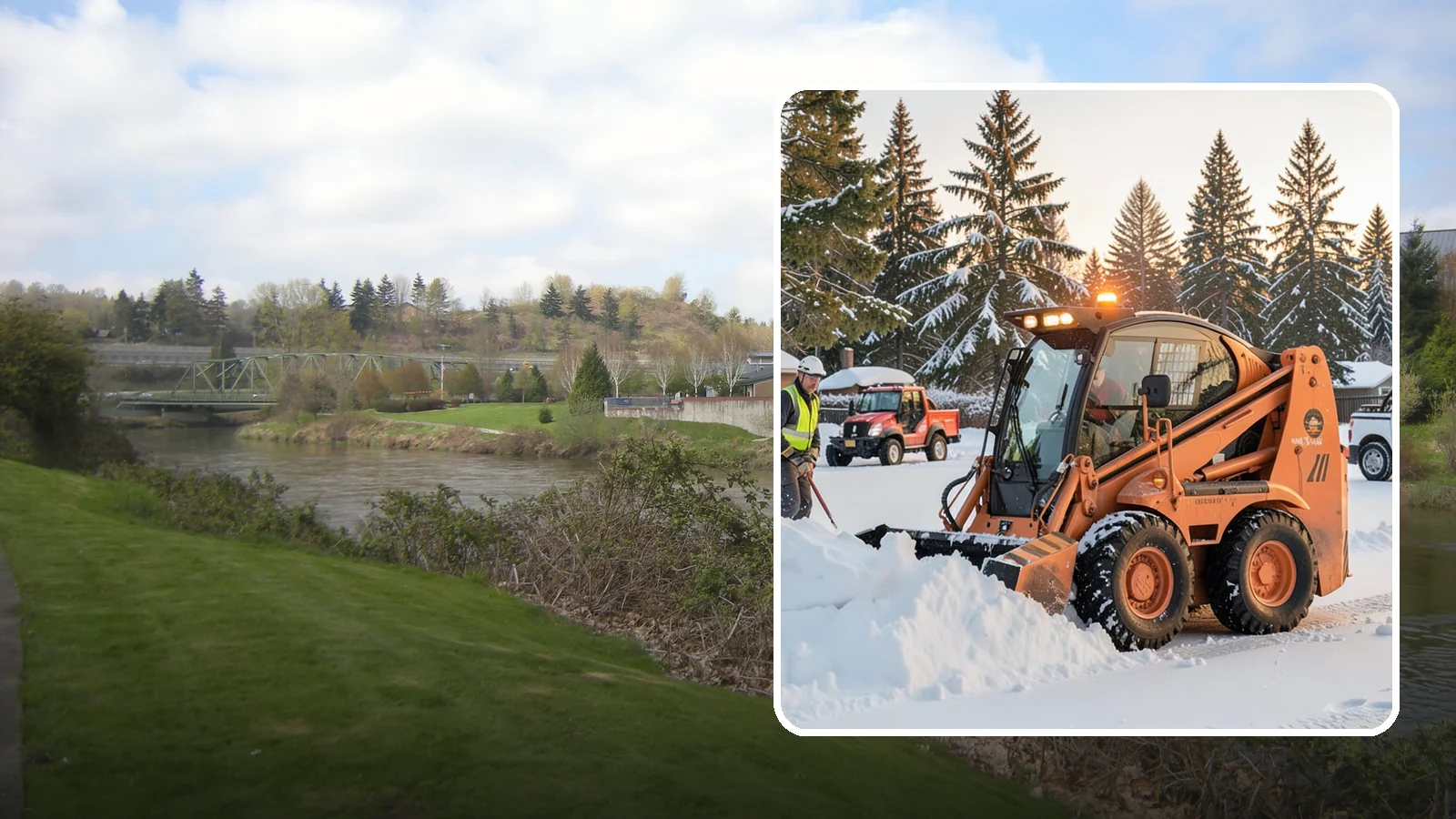 Skid Steer Snow Removal in Tukwila, King County, WA - Our skid steers with pushers and buckets clear and stack snow efficiently on commercial lots and larger sites.