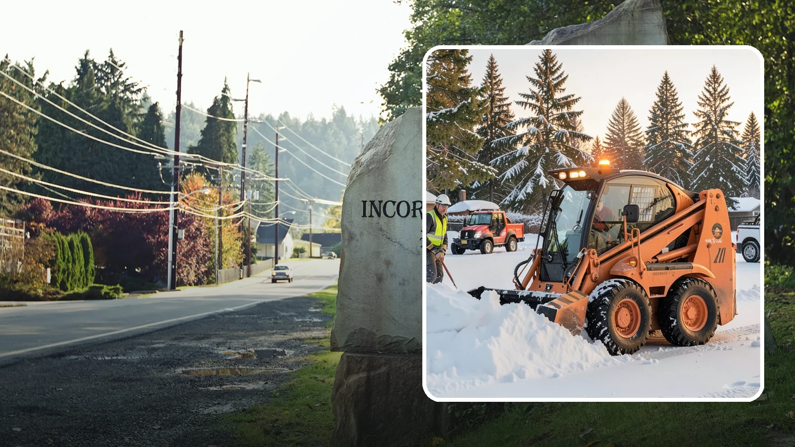 Skid Steer Snow Removal in Wilkeson, Pierce County, WA - Our skid steers with pushers and buckets clear and stack snow efficiently on commercial lots and larger sites.