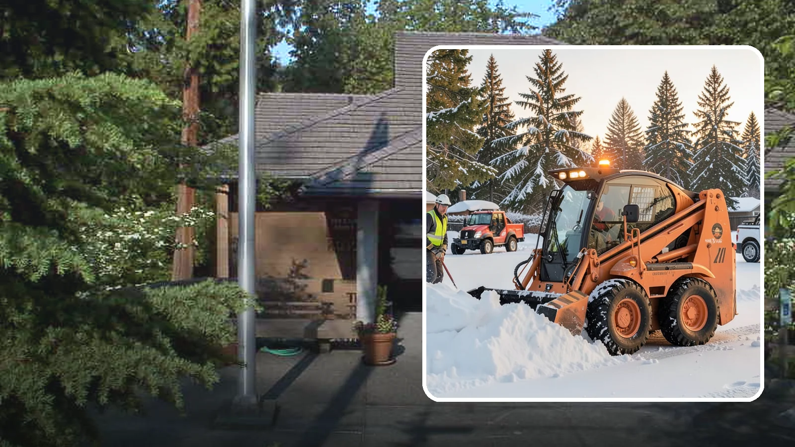 Skid Steer Snow Removal in Yarrow Point, King County, WA - Our skid steers with pushers and buckets clear and stack snow efficiently on commercial lots and larger sites.