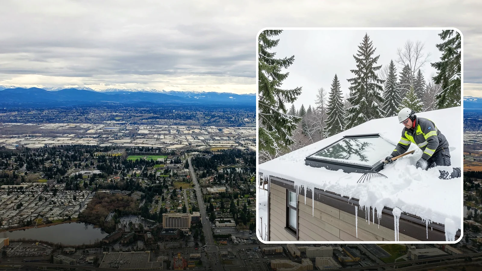 Skylight Snow Removal in SeaTac, King County, WA - We carefully remove snow from and around skylights to protect the glazing and prevent leaks.