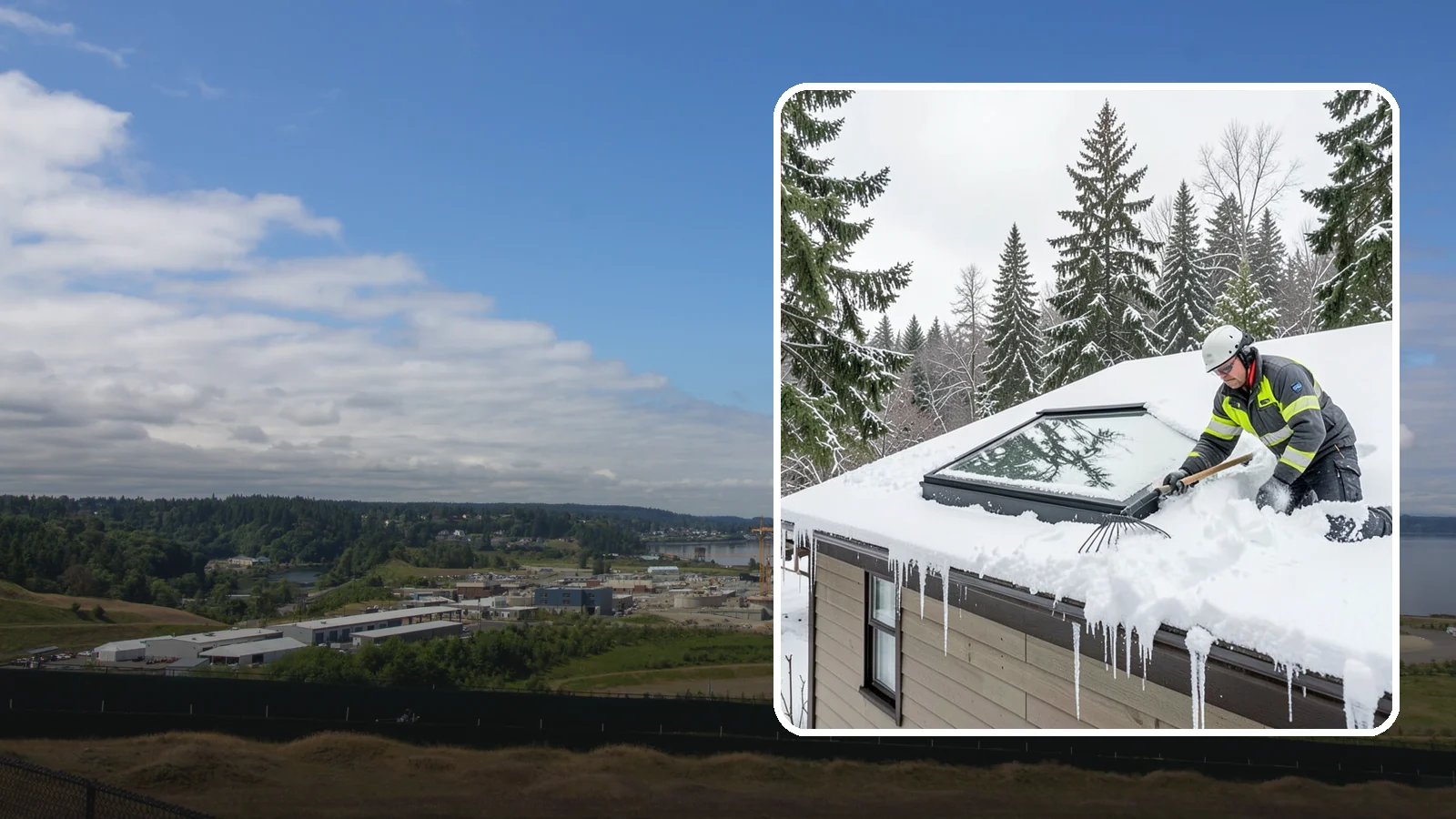 Skylight Snow Removal in University Place, Pierce County, WA - We carefully remove snow from and around skylights to protect the glazing and prevent leaks.