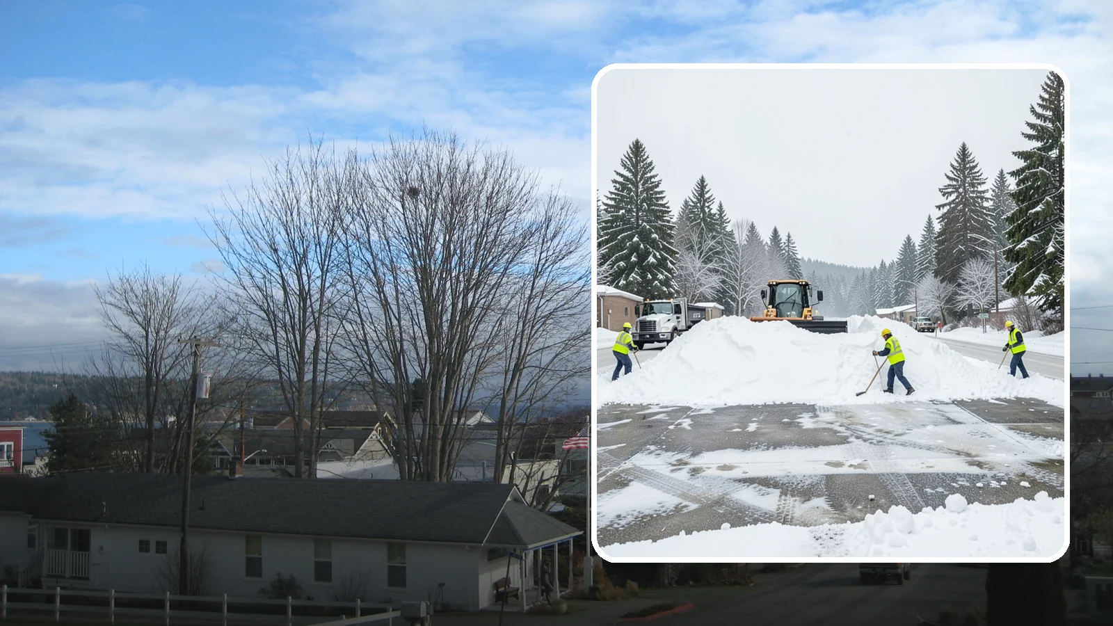 Snow Berm Removal in Langley, Island County, WA - We remove the hard snow berms left along lot edges, curbs, and entrances by repeated plowing.