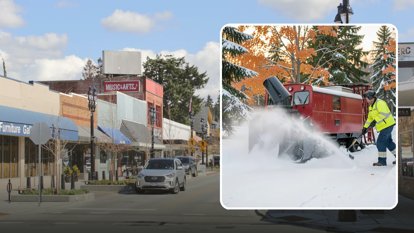 Snow Blower Service in Bothell, King County, WA - Our commercial snow blowers throw snow well clear of walkways, drives, and entries for a clean finish.