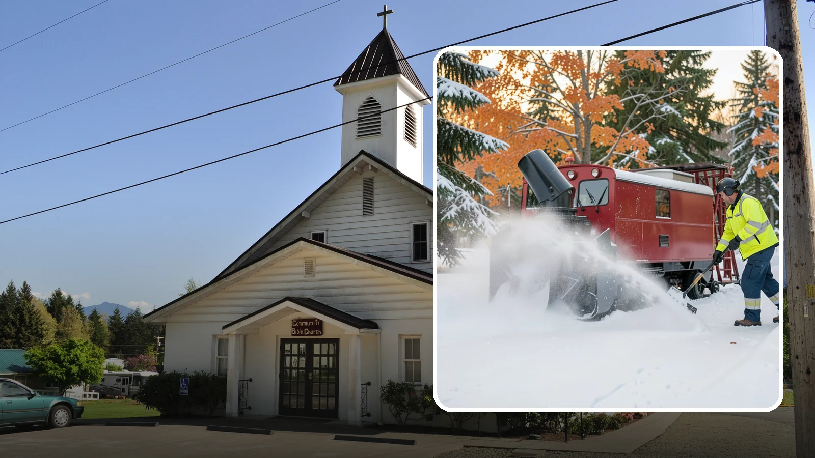 Snow Blower Service in Concrete, Skagit County, WA - Our commercial snow blowers throw snow well clear of walkways, drives, and entries for a clean finish.
