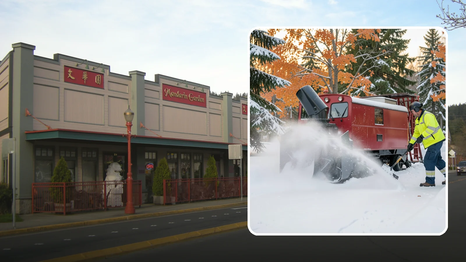 Snow Blower Service in Issaquah, King County, WA - Our commercial snow blowers throw snow well clear of walkways, drives, and entries for a clean finish.