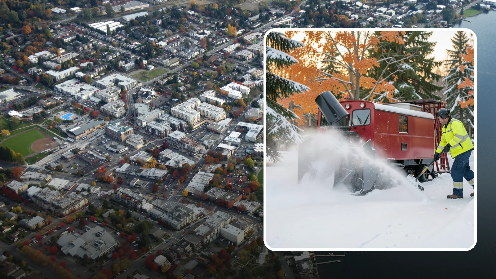 Snow Blower Service in Kirkland, King County, WA - Our commercial snow blowers throw snow well clear of walkways, drives, and entries for a clean finish.